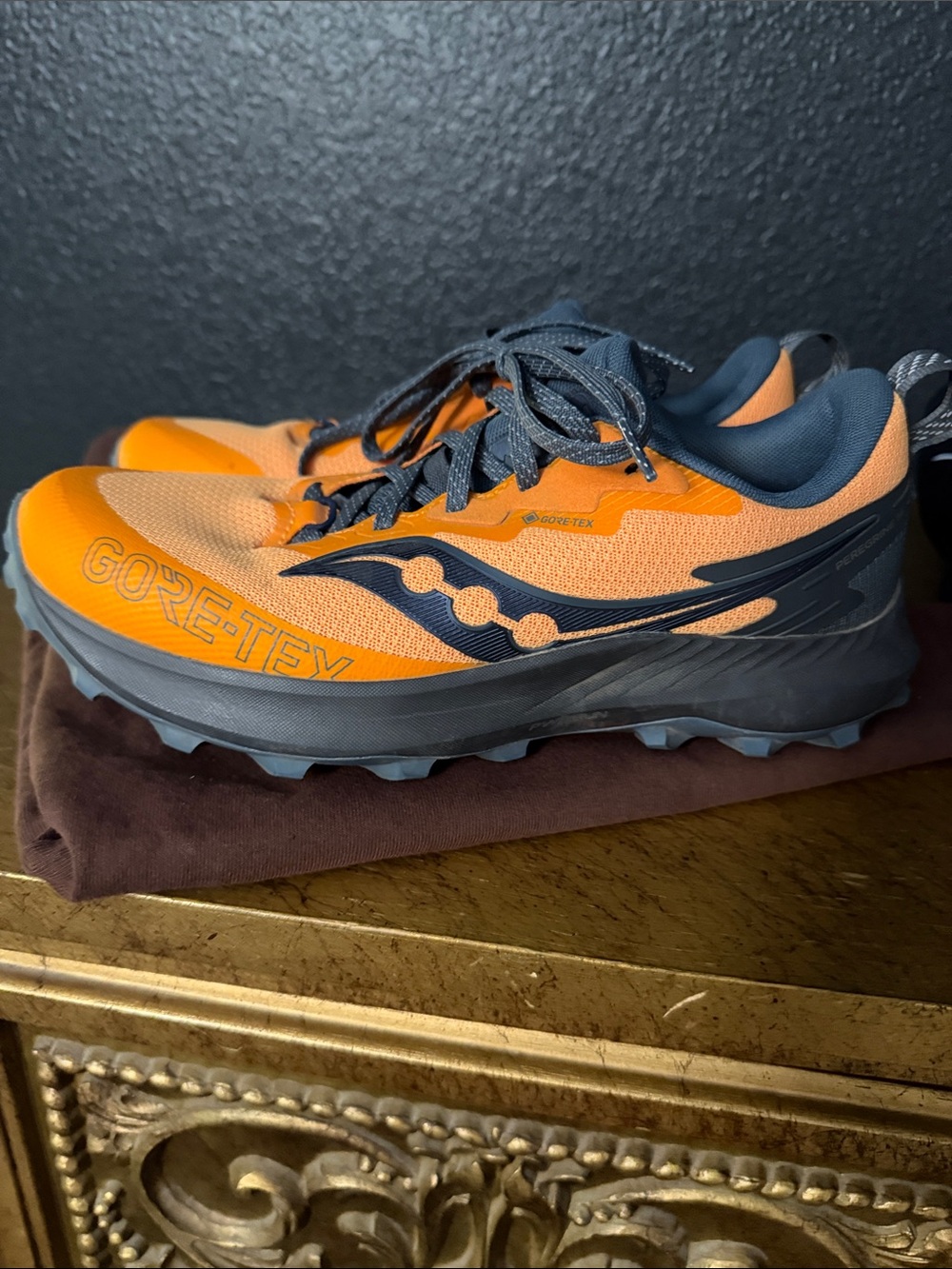 Saucony mens Orange and Gray Gore-Tex Trail Sneakers